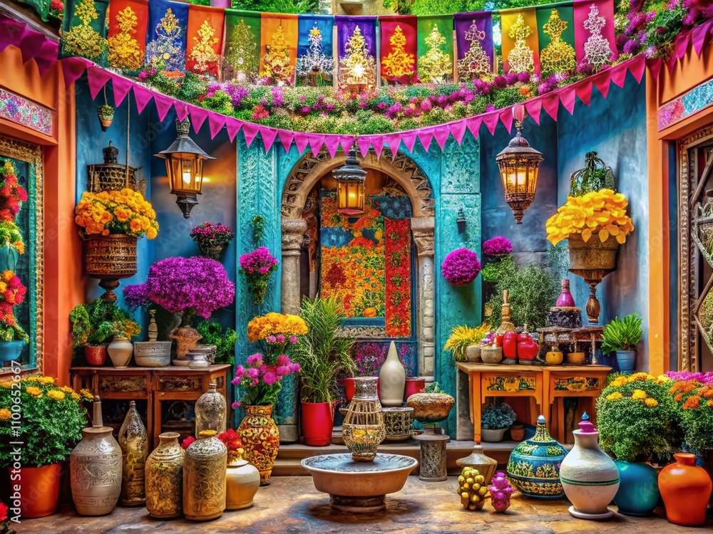 Fototapeta premium Elegant Architectural Display of Borders, Garlands, Jars, Bottles, Flowers, Flags, and Lamps Showcasing a Harmonious Blend of Design and Nature in a Captivating Setting