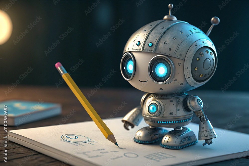 Fototapeta premium robot with pencil AI Copywriting automatic write bot, Artificial Intelligence Copywriter bot using chatgpt by open ai for content writing holding pencil