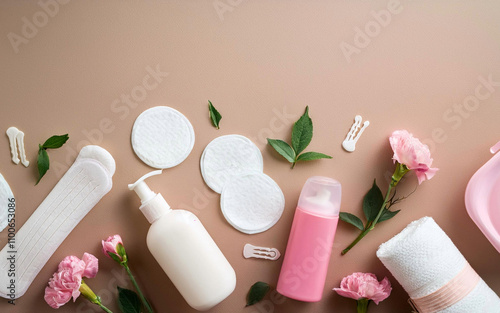 productos de higiene femenina sobre fondo neutro, concepto de cuidado femenino, mujeres saludables, vista superior, copy space