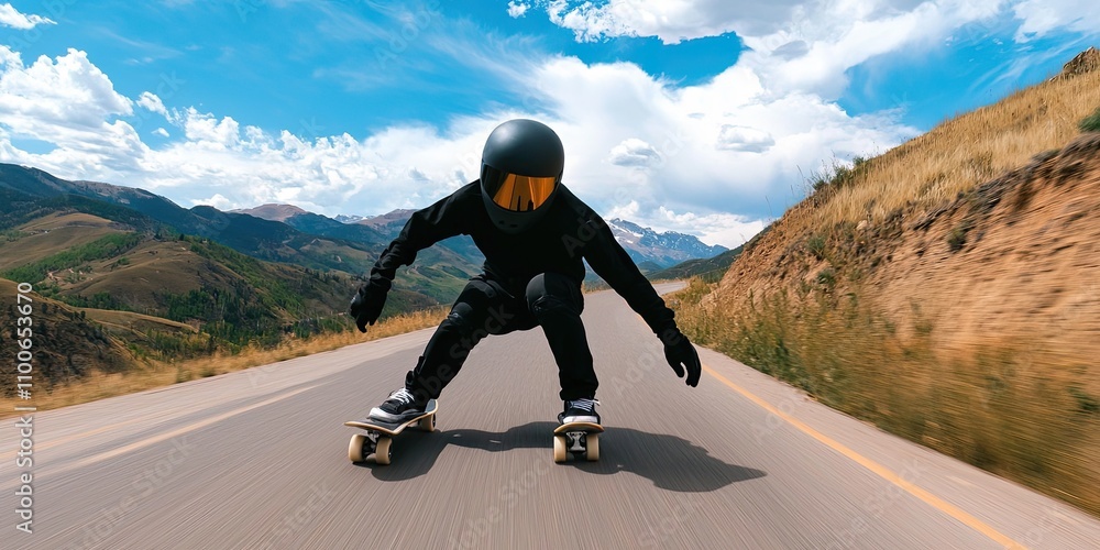 Obraz premium Extreme sport adventure sportsmanship concept. A skateboarder performs a downhill maneuver on a scenic road, showcasing skill against a backdrop of mountains and blue skies.
