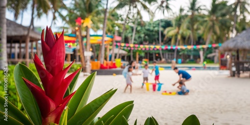 Wallpaper Mural Tropical Bloom Amidst Beachside Fun. A vibrant red bromeliad flower takes center stage, its sharp leaves contrasting with the soft, blurred background of a lively beach scene. Torontodigital.ca