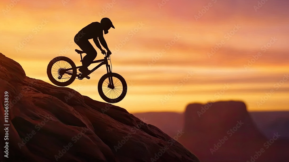Obraz premium A silhouette of a mountain biker riding on rocky terrain during a breathtaking sunset, showcasing adventure and outdoor sports.