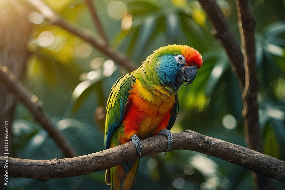 Obraz premium A close-up of a colourful little parrot standing on a tall tree branch