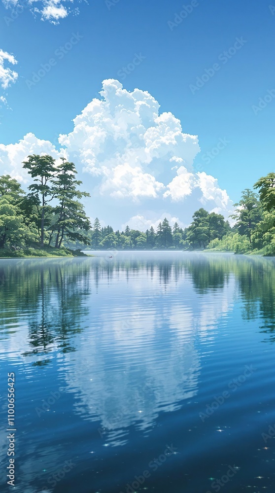 Fototapeta premium A serene lake with a still water surface reflecting the surrounding trees and sky, outdoor, lake, tranquility