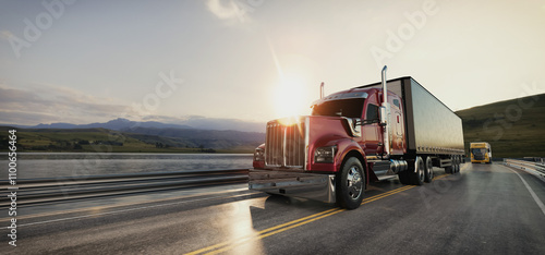 Fotografie Red Semi Truck on Scenic Road