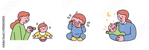 The difficulties of parenting. The baby cries all night and does not eat solid food. Cute outline characters. 