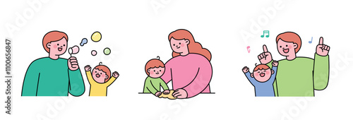 Parents playing with their children. Playing with bubbles, clay, dancing. Cute outline characters.