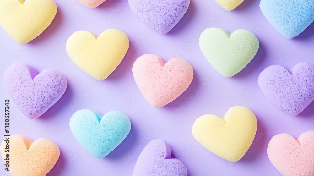 Fototapeta premium Colorful Heart-Shaped Sponges on Soft Purple Background