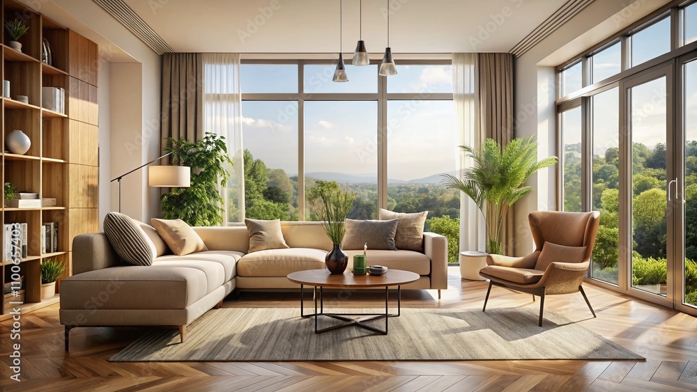 Fototapeta premium Elegant Living Room Interior Featuring Panoramic Window and Stylish Beige Armchair, Showcasing Modern Design and Cozy Atmosphere Perfect for Relaxation and Social Gatherings