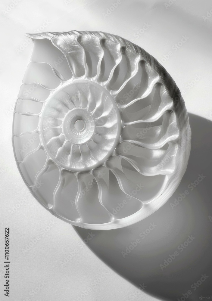 Obraz premium Elegant white nautilus shell displayed against a soft gray background, showcasing intricate patterns and textures. Nature and marine life concept.