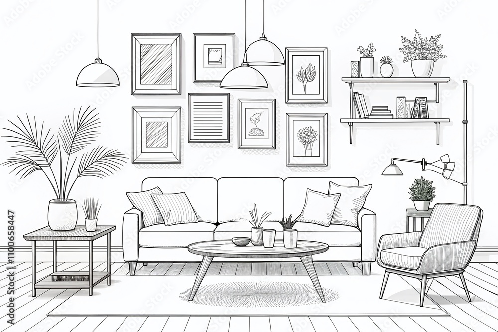 Fototapeta premium Elegant Modern Furniture and Home Interior Decor in Minimalist Scandinavian Style - Hand Drawn Line Art Sketches on White Background for Contemporary Home Design Inspiration