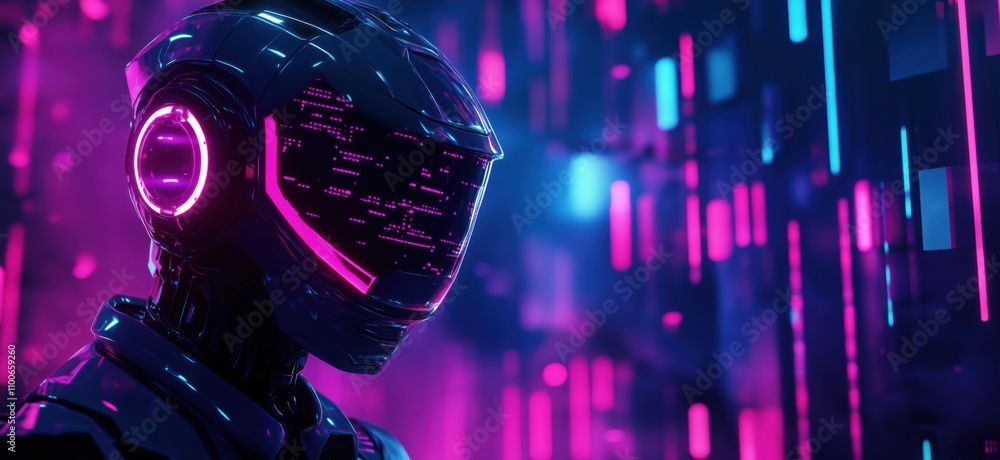 Futuristic robot with neon lights, sleek design, glowing visor, digital patterns, vibrant colors, cyberpunk aesthetic Futuristic robot with neon lights, sleek design, glowing visor, digital patterns, vibrant colors, cyberpunk aesthetic