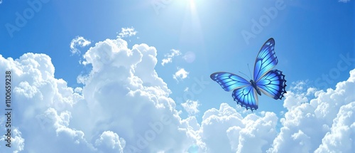 Blue butterfly in flight against a bright sunny sky, wildlife, sunny sky