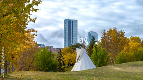 Riverdale park with tipi and skyscraper background