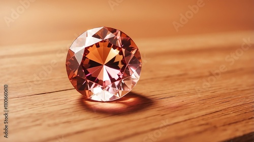 Close-up of a gem hessonite on a wooden table background, pastel anime style photo