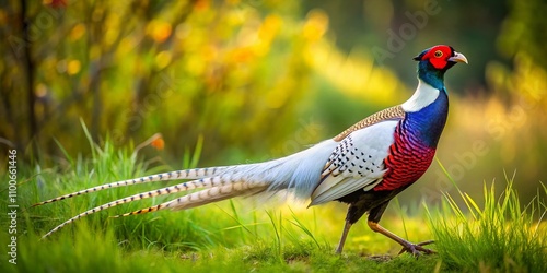 Elegant White Eared Pheasant Walking Through Lush Greenery in a Serene Natural Habitat, Capturing the Majestic Beauty of This Unique Bird in Stunning Fashion Photography photo