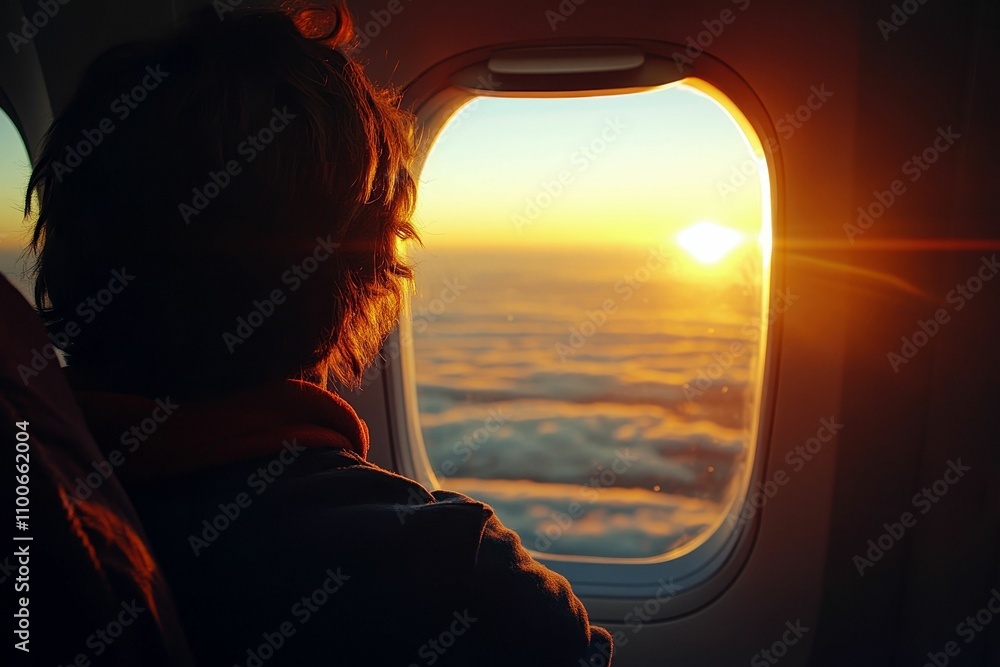Traveler watching golden sunset through airplane window Traveler watching golden sunset through airplane window