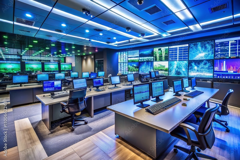 Empty Modern Security System Control Room with Multiple Displays and Workstations, Highlighting High-Tech Monitoring Equipment in a Spacious Office Environment Empty Modern Security System Control Room with Multiple Displays and Workstations, Highlighting High-Tech Monitoring Equipment in a Spacious Office Environment