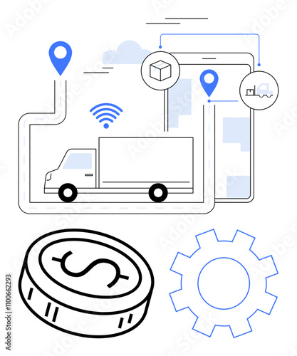 Delivery truck moving on a predefined route with GPS pins, wireless signal, smartphone, coin, and gear. Ideal for logistics, supply chain, GPS navigation, delivery services transportation financial photo