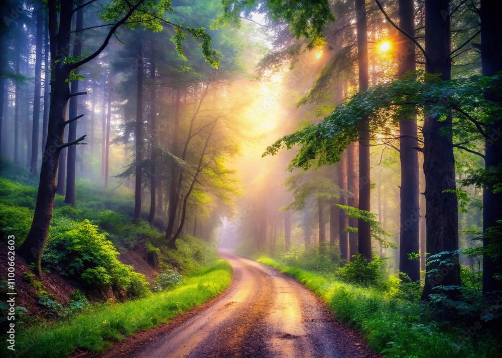 Fototapeta premium Enchanted Foggy Forest Road: A Serene Journey Through Nature's Mystique with Bokeh Effects Adding Depth to the Scene