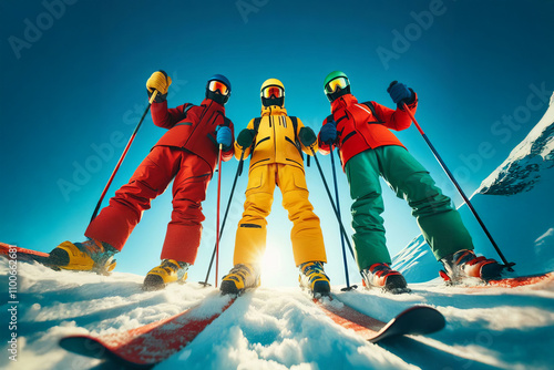 low angle shot bottom view of three people dressed in colorful ski gear standing on a snowy slope against a clear blue sky photo