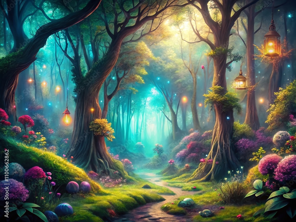 Fototapeta premium Enchanted Mystical Forest Landscape with Fantasy Elements in Dark Greens and Blues, Captured in Vintage Style Photography for a Dreamlike and Ethereal Atmosphere