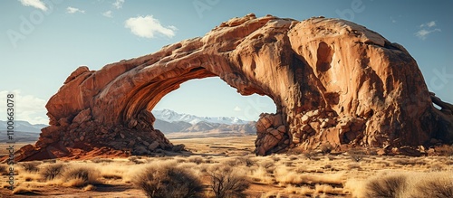 Majestic Rock Formation with Arch in Desert Landscape at Sunrise photo