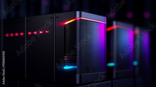 Modern server units with vibrant LED lights in a darkened setting.