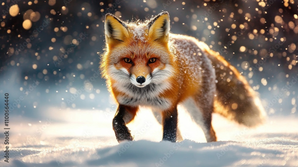 Red fox walks gracefully in the snow, surrounded by falling snowflakes in a serene winter forest. Its vibrant fur contrasts beautifully with the white landscape, showcasing its predator instincts Red fox walks gracefully in the snow, surrounded by falling snowflakes in a serene winter forest. Its vibrant fur contrasts beautifully with the white landscape, showcasing its predator instincts