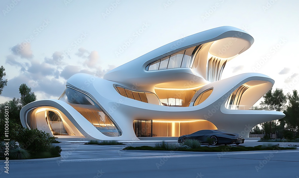 Obraz premium A futuristic architectural design featuring flowing shapes and large windows, illuminated at dusk.