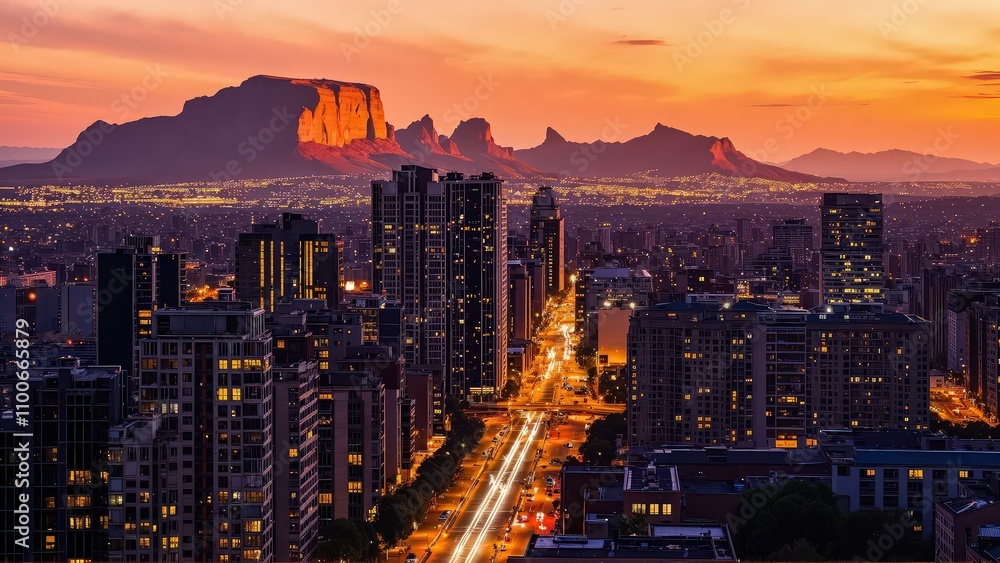 Fototapeta premium Generative AI, Cityscape at Sunset with Iconic Sandstone Monolith