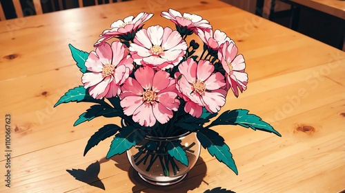 Close-up of a flower yarrow on a wooden table background, pastel anime style photo