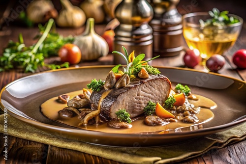 Exquisite Vitello e Morchelle al Brandy: A Culinary Delight from Trentino AA Featuring Succulent Veal and Savory Morel Mushrooms in a Gourmet Presentation photo