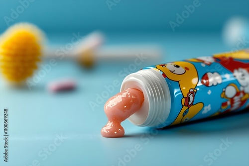 Children's Toothpaste Tube with Pink Paste and Background Elements
