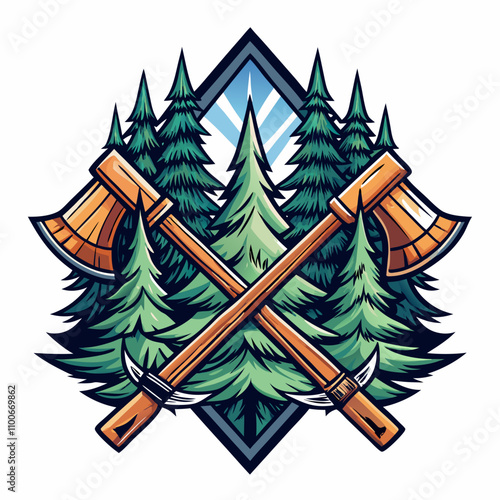 axe and pine tree logo, adventure logo