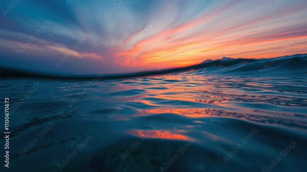 Fototapeta premium Blue sea or ocean water surface reflecting the warm hues of the sunset with underwater view of marine life, marine life, dusk