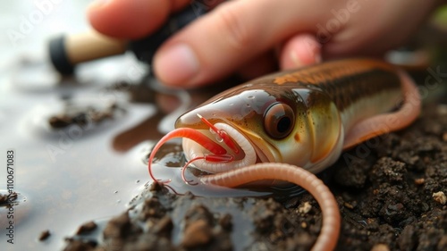 Close-up view of an earthworm wriggling in the soil, ready to be used as bait for fishing, wildlife, freshwater photo