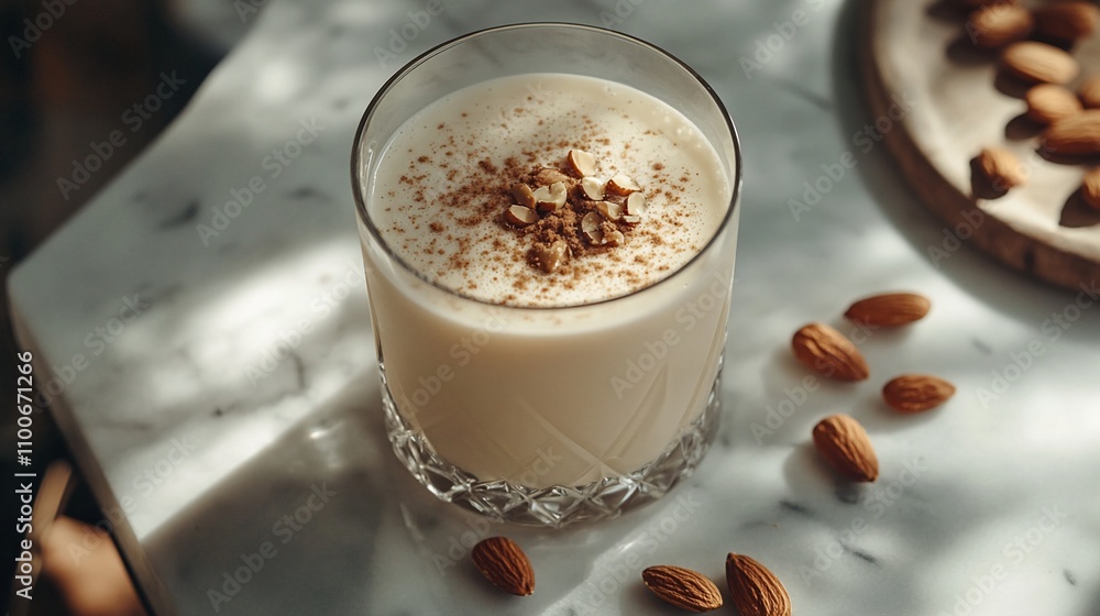 Creamy almond beverage in a glass with cinnamon and almond toppings. Creamy almond beverage in a glass with cinnamon and almond toppings.