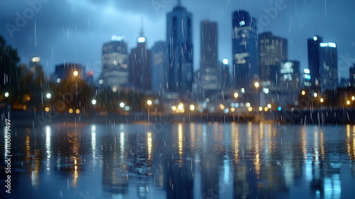 Wallpaper Mural cinematic shot of city river at night, showcasing rain falling and reflections on water. skyline is illuminated by city lights, creating moody atmosphere Torontodigital.ca