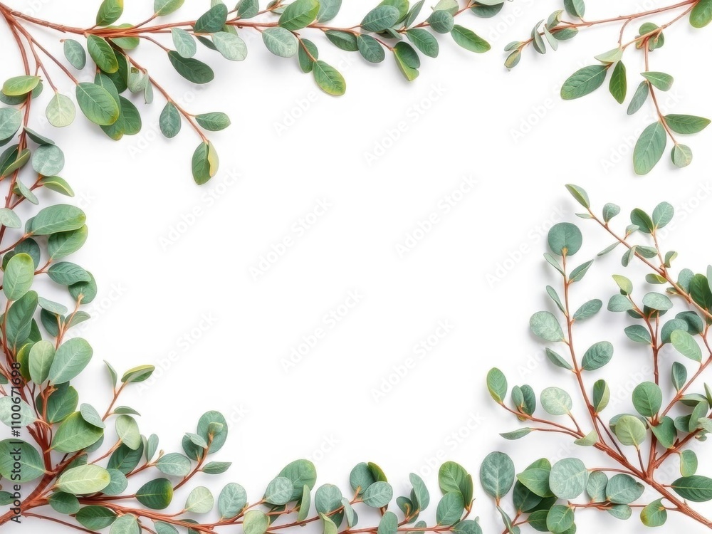 Fototapeta premium Eucalyptus leaves frame on white background with place for your text, green, branches