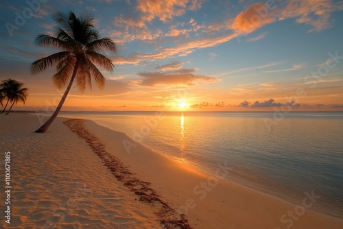 Stunning sunrise over Bonnet Island beach with palm trees and lifeguard tower inviting Miami Beach travel experiences