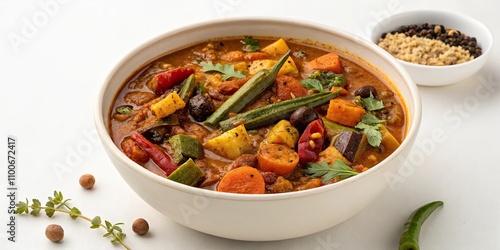 Tamarind-based Vatha Kuzhambu stew with assorted spices and vegetables , South Indian cuisine, traditional dish photo