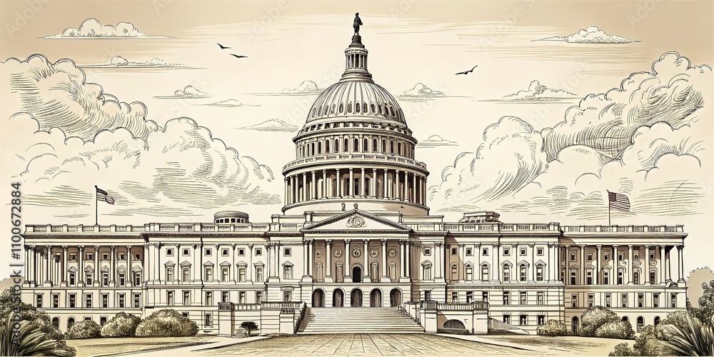 Fototapeta premium Freehand Sketch of the United States Capitol Building in Washington DC, USA - Artistic Vector Illustration Capturing Architectural Elegance and Historic Significance