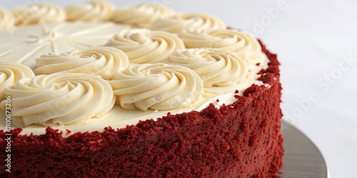 A close-up photo of a decadent red velvet cake with cream cheese frosting, dessert, sweet, bakery, homemade, delicious