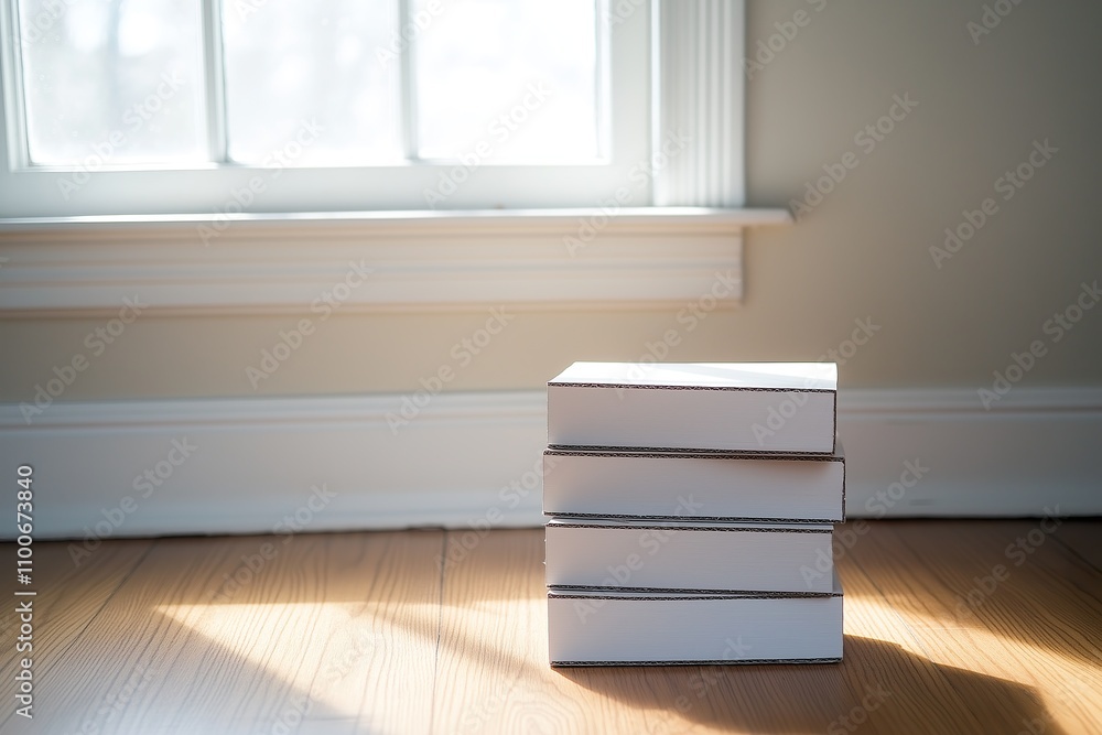 Cardboard boxes stacked in a bright room with wooden floors and sunlight Cardboard boxes stacked in a bright room with wooden floors and sunlight