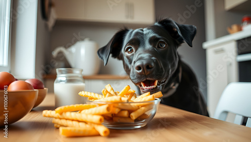 A cute black dog begging for food at kitchen table photo