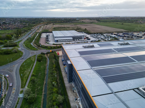 High Angle View of Tilbury City Centre and Docks on River Thames, borough of Thurrock, Essex, England, United Kingdom. Aerial View Was Captured with Drone's Camera on April 20th, 2024 at Just After Su photo