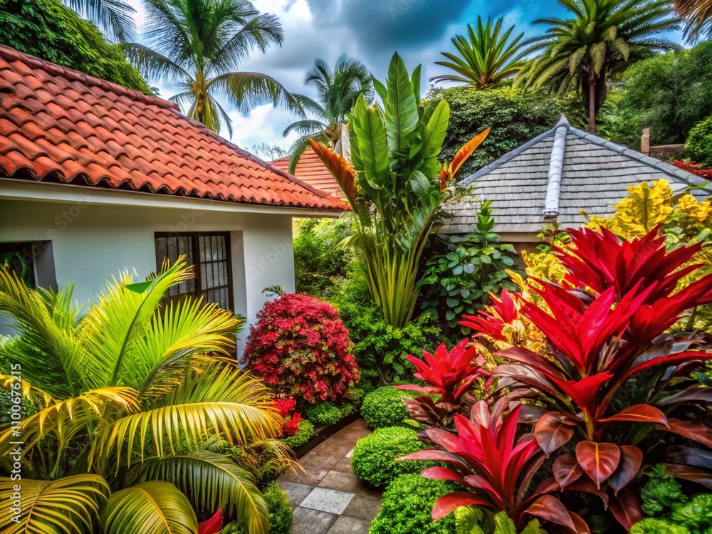 Fototapeta premium Front Garden Oasis: Tropical Plants Against Grey Walls and a Red Tiled Roof - A Serene Outdoor Space with Lush Greenery and Charming Architecture
