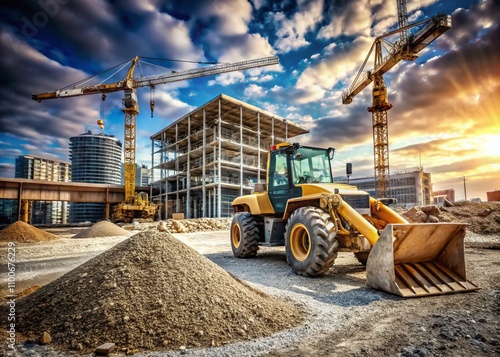 Front End Loader Working at Construction Site: Heavy Machinery in Action Amidst Building Materials and Machinery, Showcasing Industrial Progress and Site Development photo