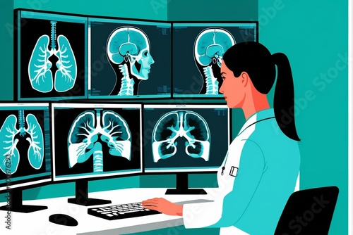 A doctor in a blue coat examines multiple medical scans on a computer screen, surrounded by other medical images.